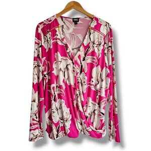 I.N.C. Blouse Pink Floral Size XXL Long Sleeve Top Gold Zipper Valentine's Day